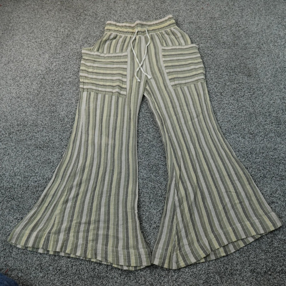 Free People Pants Womens XS Green Striped Wide Leg Bell Bottom Flare Drawstring